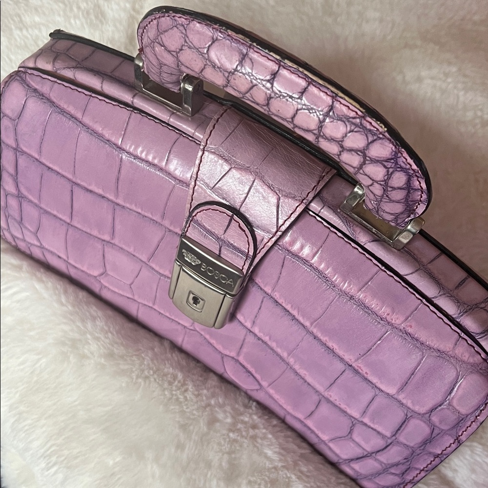 BOSCA Embossed Croc Full Grain Italian Leather Top Handle Bag in Lavender RARE - Picture 3 of 16